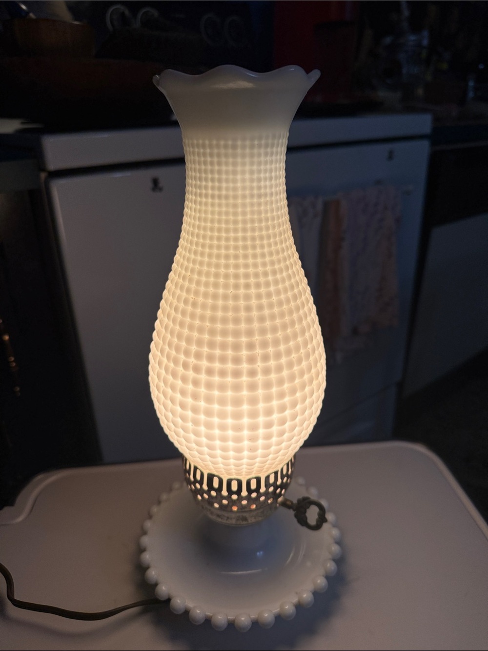 White Milk Glass Hobnail Table Lantern lamp.